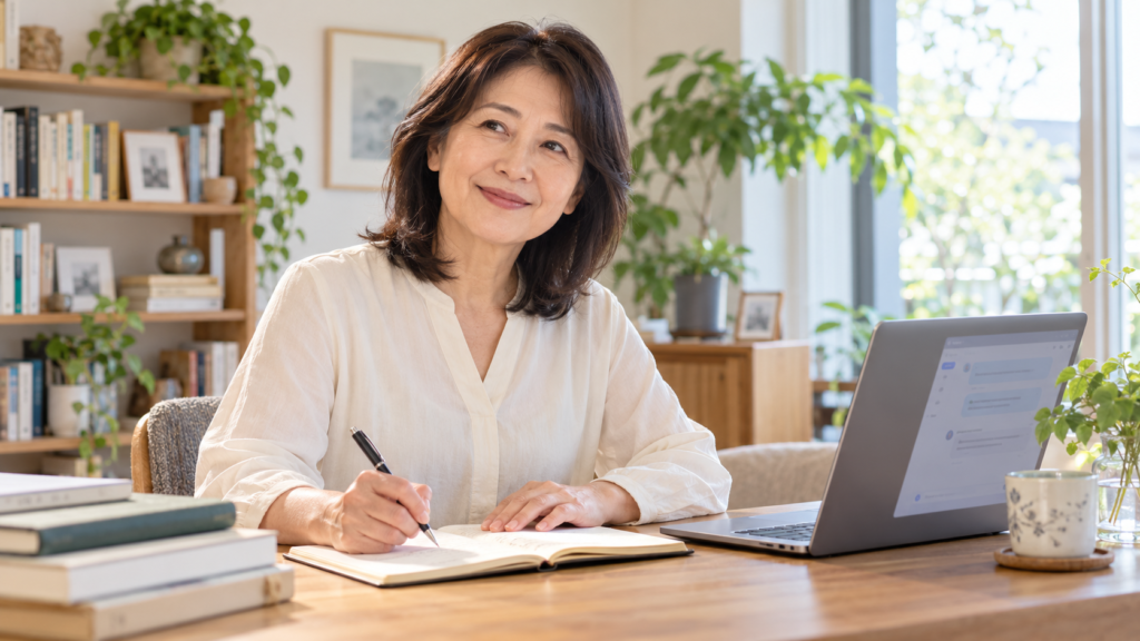 明るい部屋で経験をノートに書き出し、AIを活用する女性のイメージ