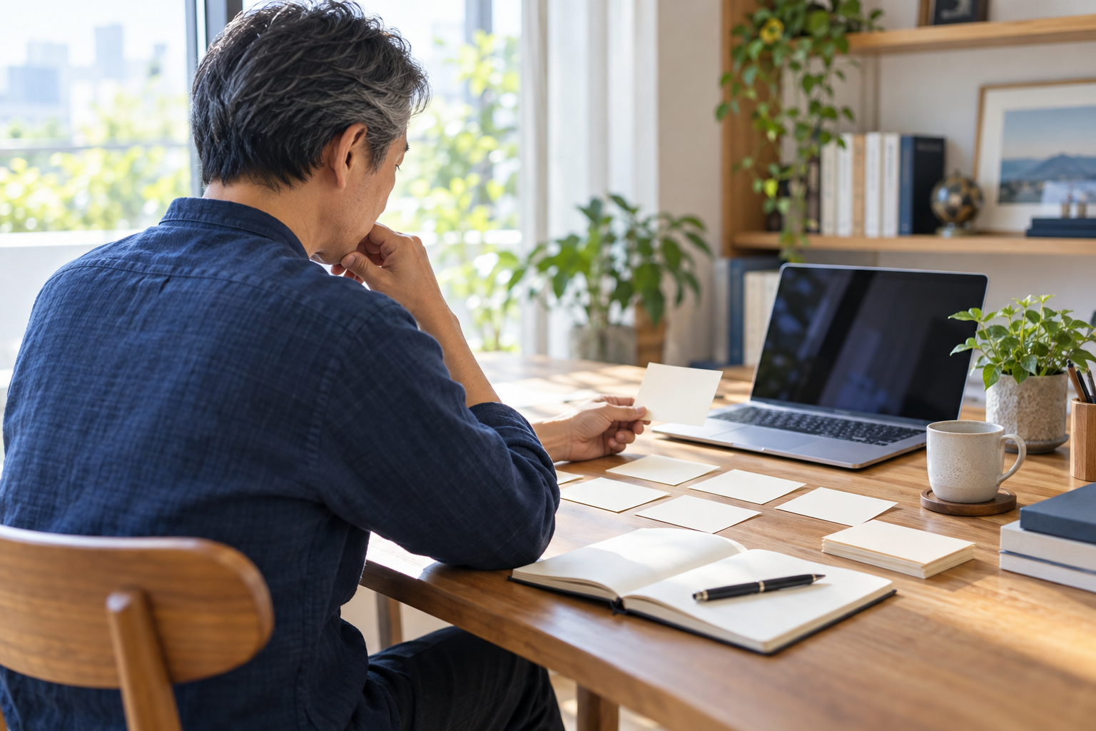 会社員時代の経験をカードとノートに整理する男性のイメージ。AI生成画像