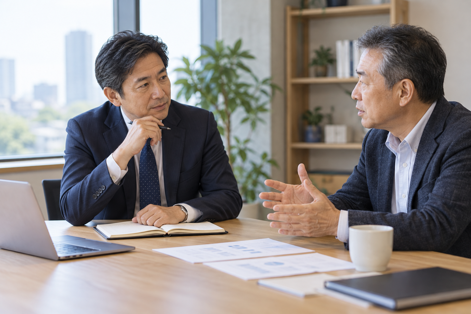 企業の担当者と支援内容を確認する相談場面のイメージ。AI生成画像